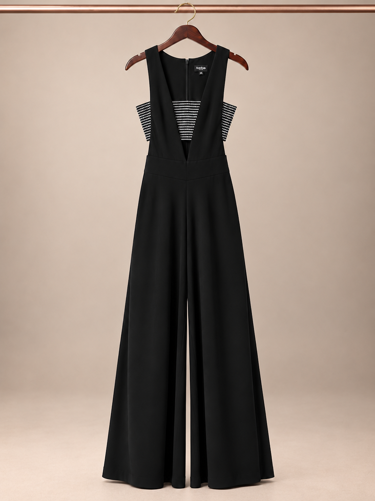 Bebe Black Crystal Rhinestone Cutout Plunging Wide-Leg Jumpsuit - Size XSMALL