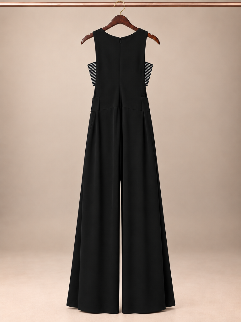 Bebe Black Crystal Rhinestone Cutout Plunging Wide-Leg Jumpsuit - Size XSMALL