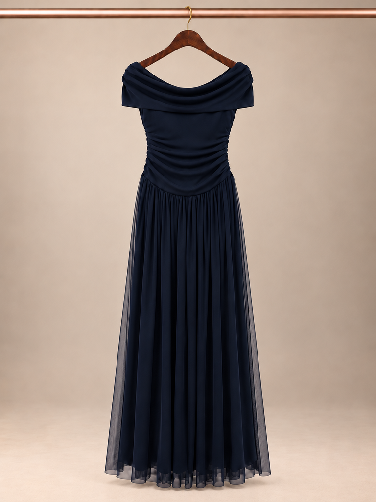 Betsy & Adam Off-The-Shoulder Ruched Mesh Maxi Gown  Midnight Navy - Size 6