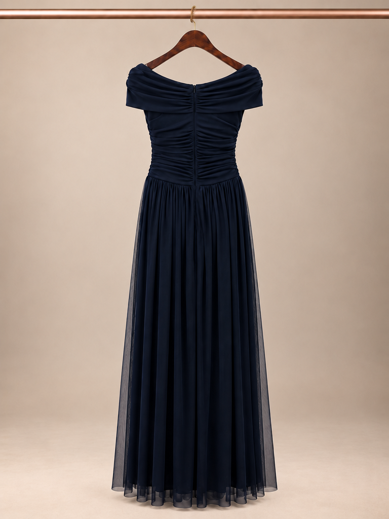 Betsy & Adam Off-The-Shoulder Ruched Mesh Maxi Gown  Midnight Navy - Size 6