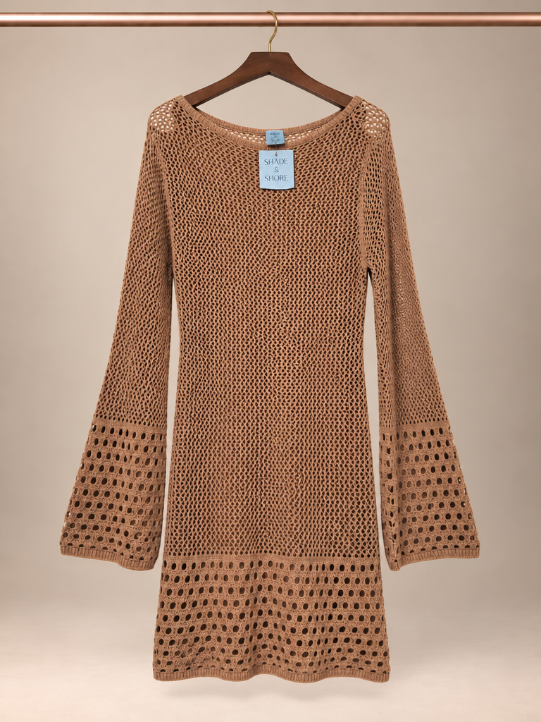 Shade & Shore Tan Crochet Open-Knit Bell Sleeve Cover-Up Dress - M