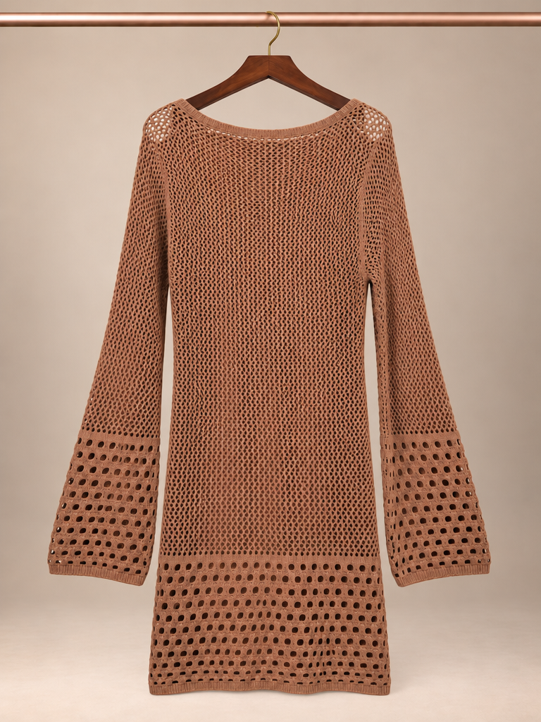 Shade & Shore Tan Crochet Open-Knit Bell Sleeve Cover-Up Dress - M