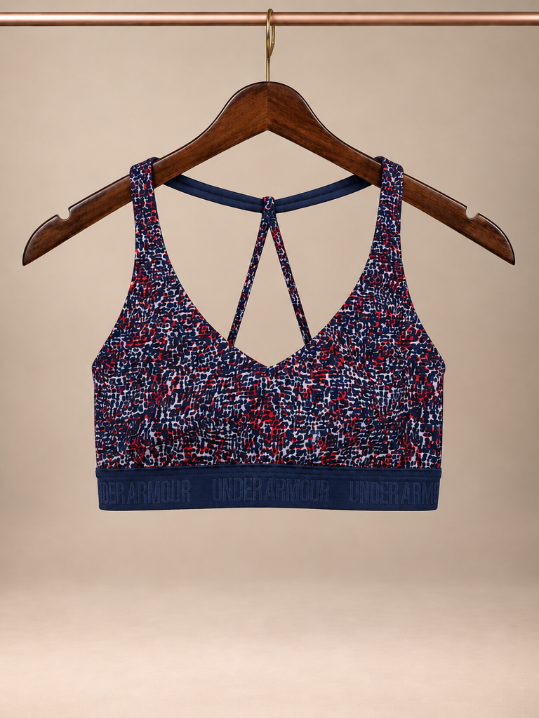 Under Armour HeatGear Seamless Strappy Cross-Back Sports Bra – Navy Blue & Coral Pink Leopard Animal Print- small petite