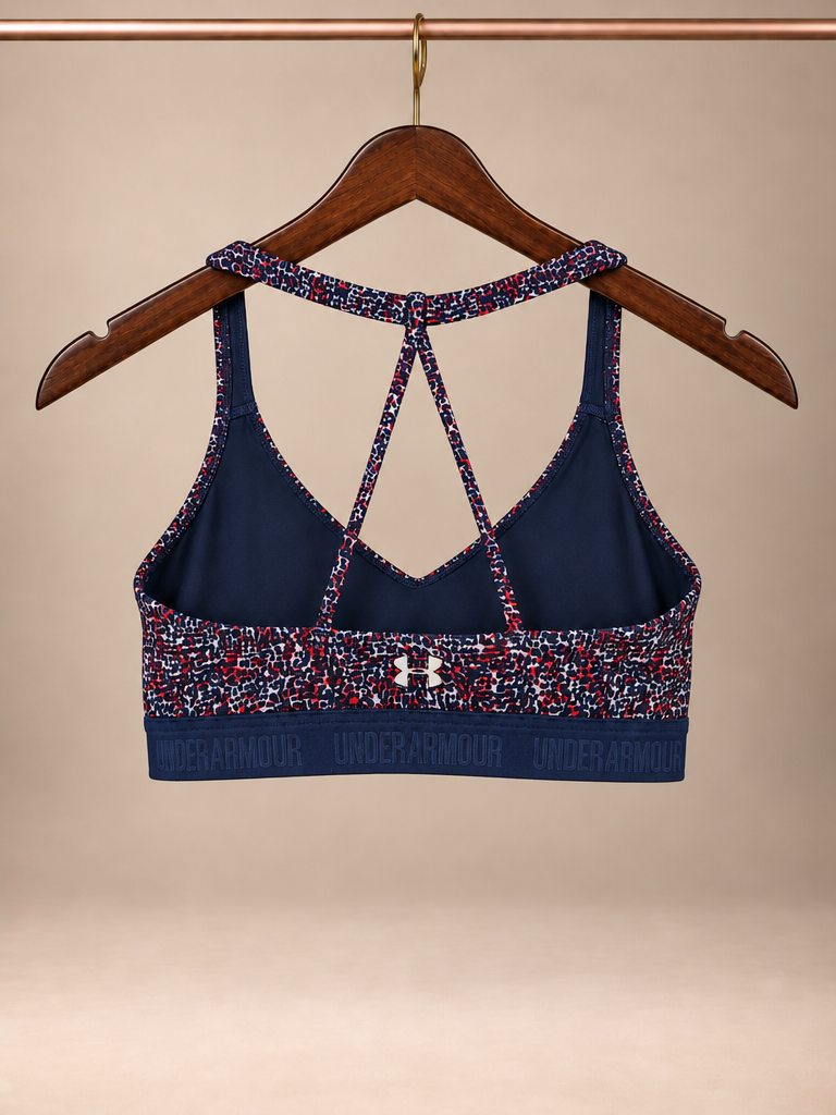 Under Armour HeatGear Seamless Strappy Cross-Back Sports Bra – Navy Blue & Coral Pink Leopard Animal Print- small petite
