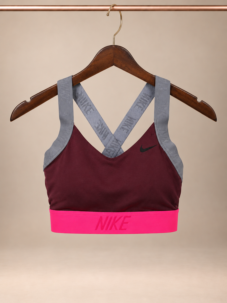 Nike Dri-FIT Indy Colorblock Cross-Back Sports Bra – Plum Burgundy & Neon Pink Logo Taping- small petite