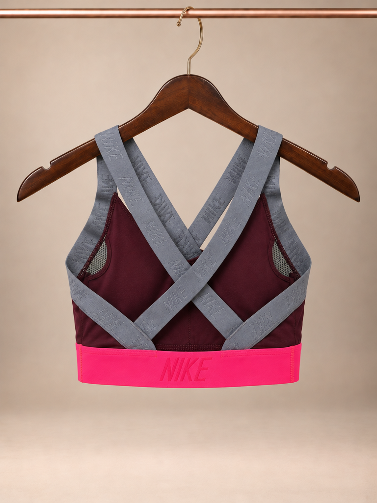 Nike Dri-FIT Indy Colorblock Cross-Back Sports Bra – Plum Burgundy & Neon Pink Logo Taping- small petite