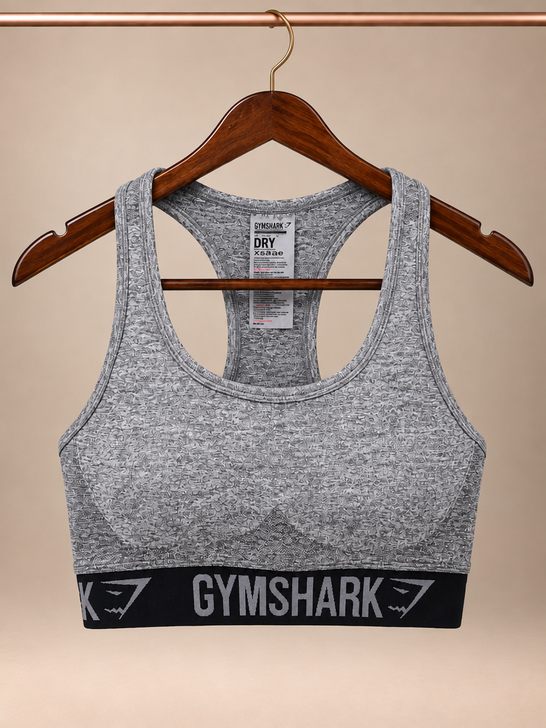 Gymshark Flex Seamless Racerback Sports Bra – Heather Charcoal Gray & Black Logo Band- small