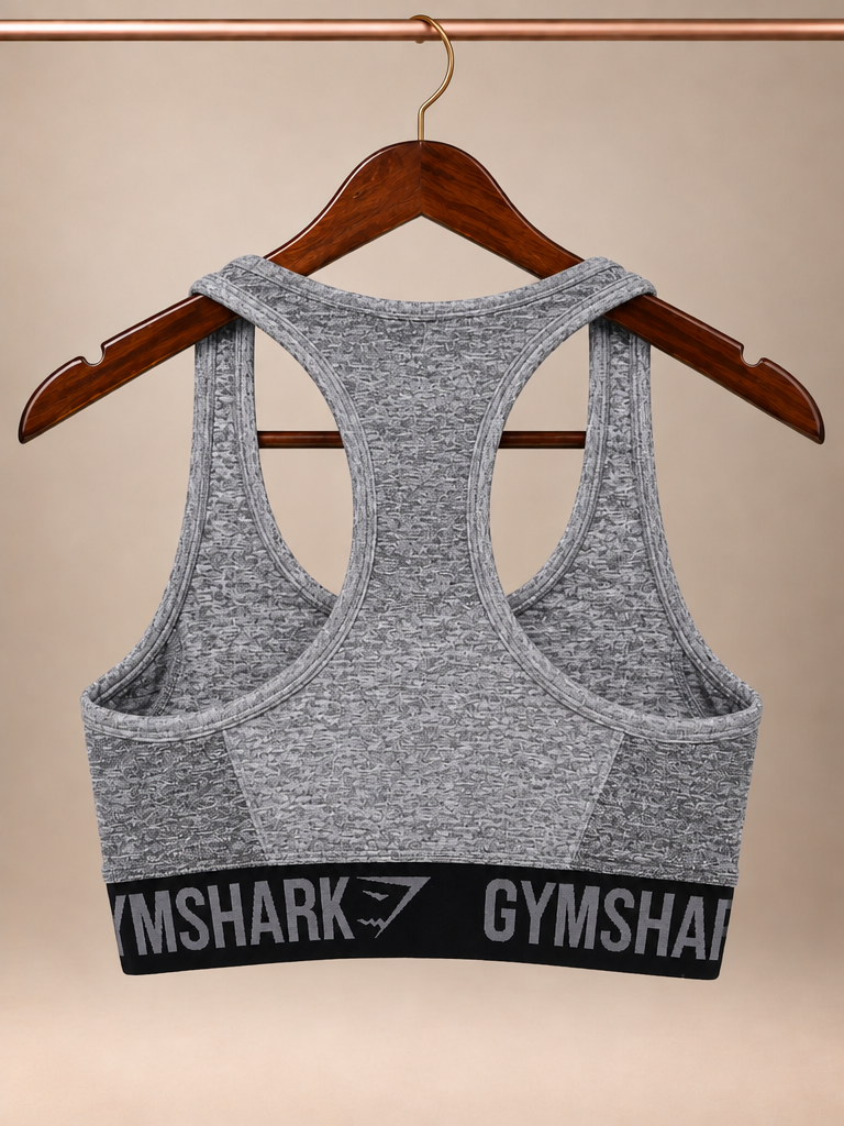 Gymshark Flex Seamless Racerback Sports Bra – Heather Charcoal Gray & Black Logo Band- small