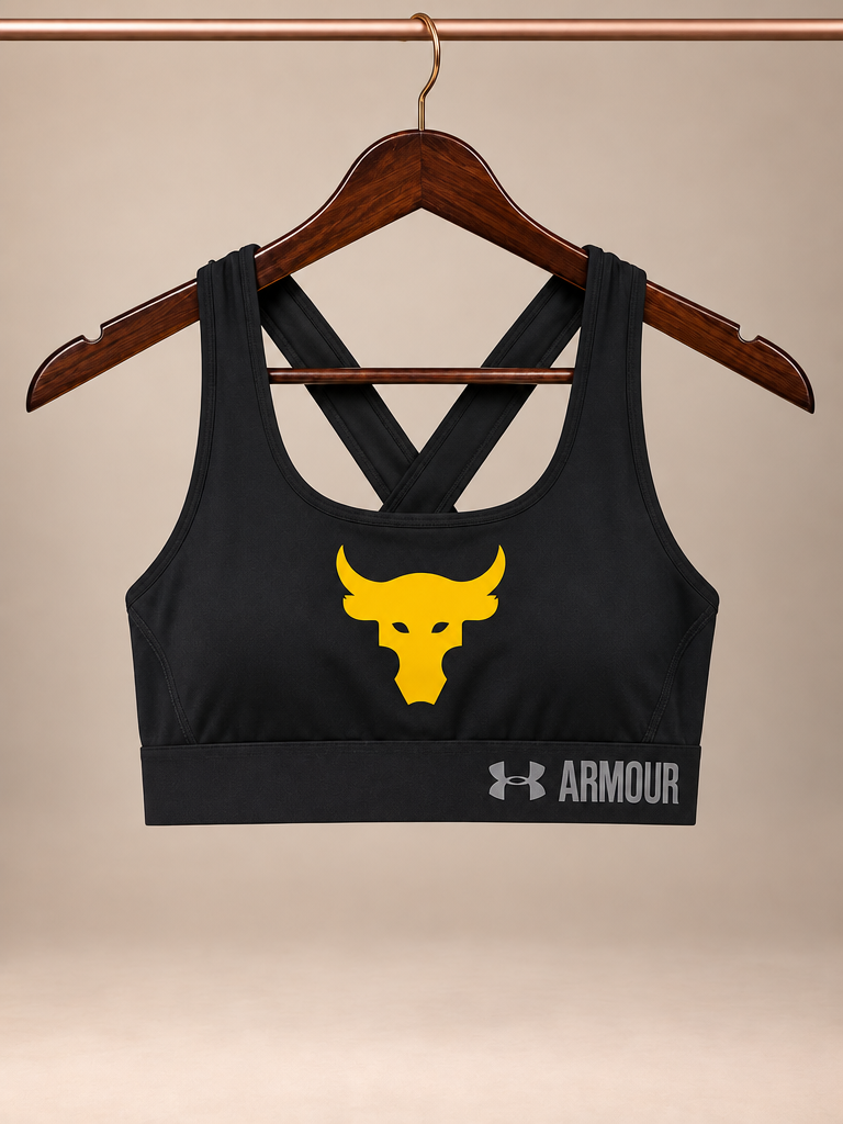 Under Armour Project Rock HeatGear Cross-Back Sports Bra – Black & Brahma Bull Gold Yellow Logo - small petite