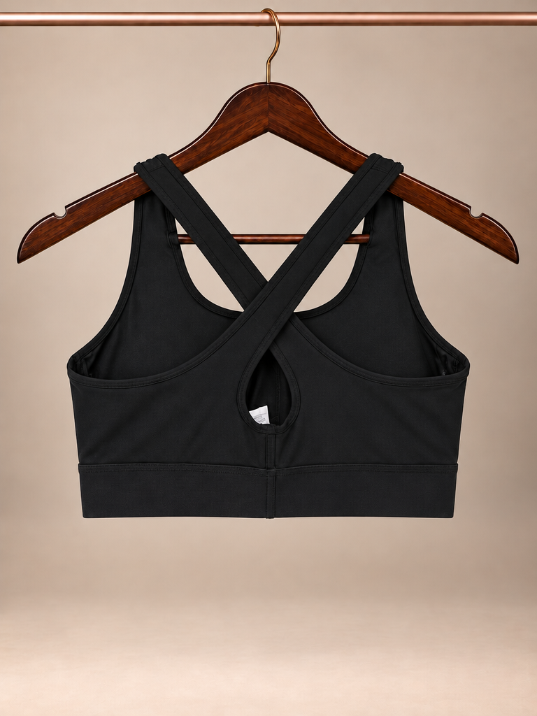 Under Armour Project Rock HeatGear Cross-Back Sports Bra – Black & Brahma Bull Gold Yellow Logo - small petite