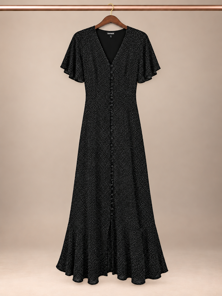 Express High-Rise Button-Front Flutter-Sleeve Ruffle Maxi Dress size- small