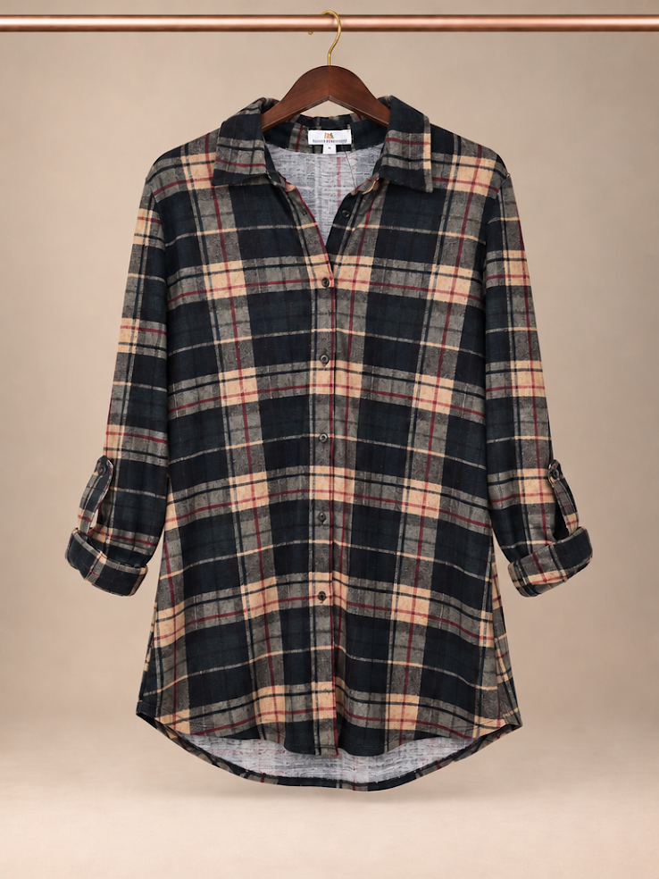 Bailey's Blossoms Plaid Button-Down High-Low Longline Tunic Shirt - size small