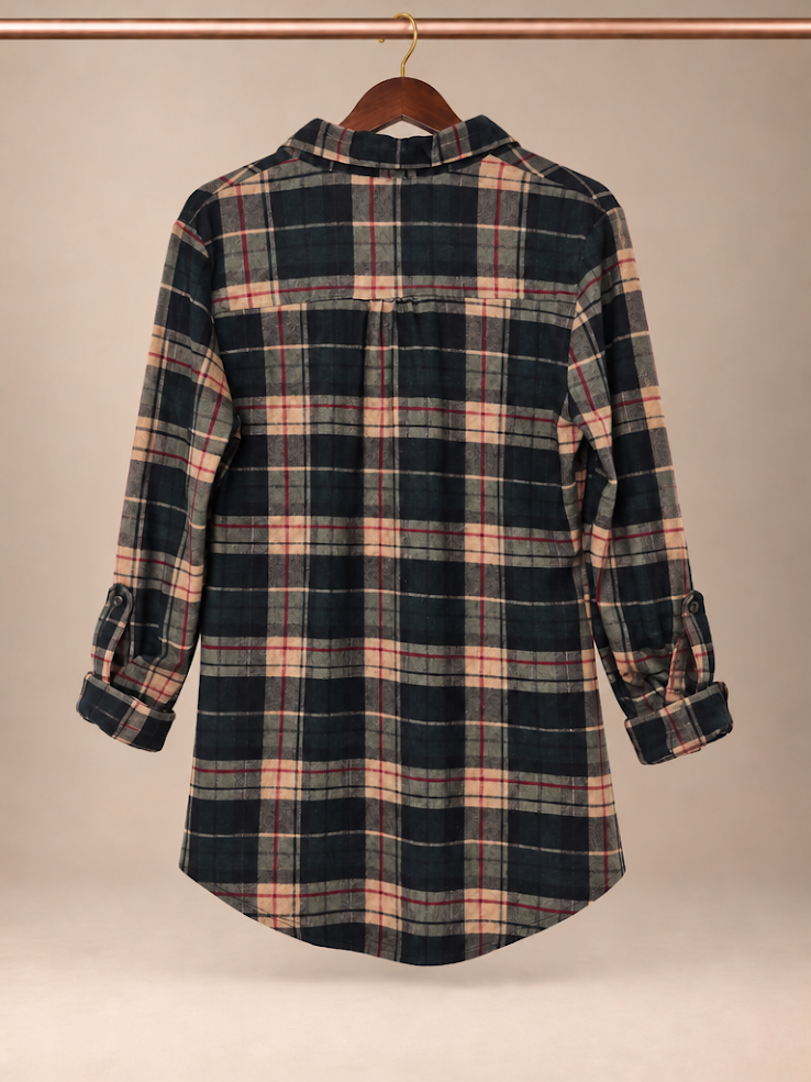 Bailey's Blossoms Plaid Button-Down High-Low Longline Tunic Shirt - size small