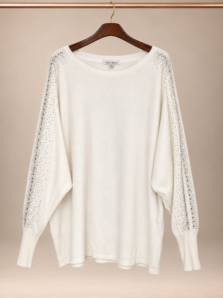 Vila Milano Ivory White Rhinestone Embellished Batwing Sleeve Sweater -XL