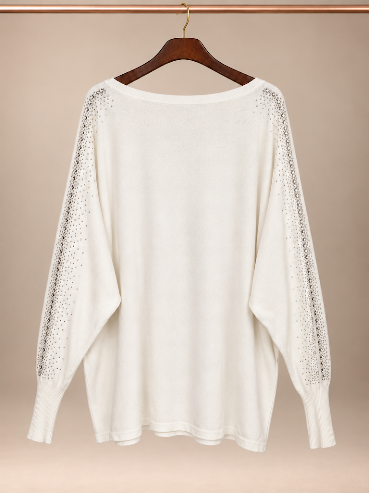 Vila Milano Ivory White Rhinestone Embellished Batwing Sleeve Sweater -XL