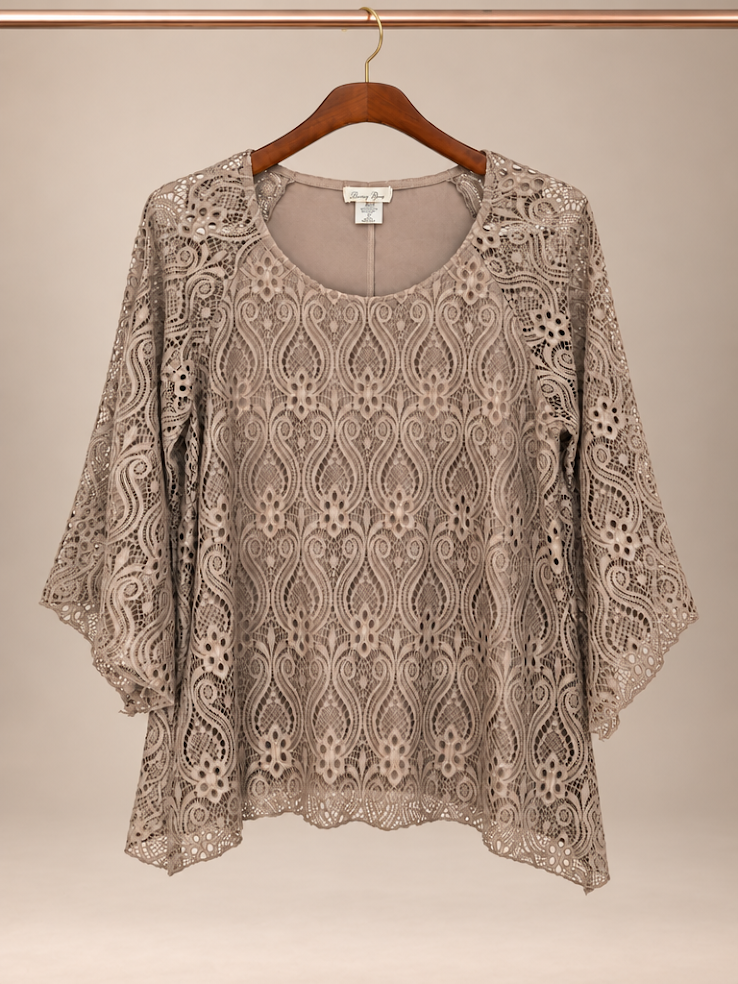 Brittany Black Taupe Gray Floral Medallion Overlay Lace Blouse- XL