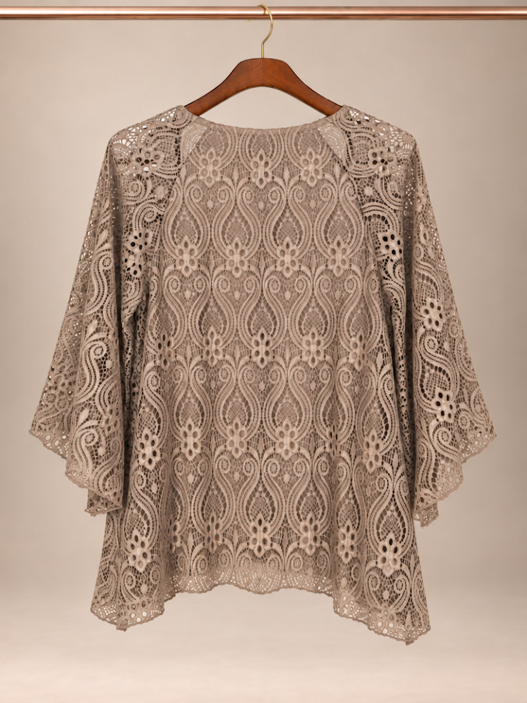 Brittany Black Taupe Gray Floral Medallion Overlay Lace Blouse- XL
