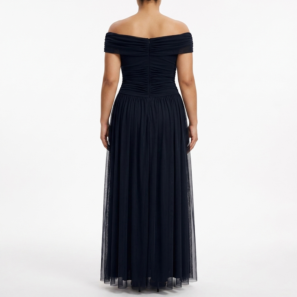 Betsy & Adam Off-The-Shoulder Ruched Mesh Maxi Gown  Midnight Navy - Size 6