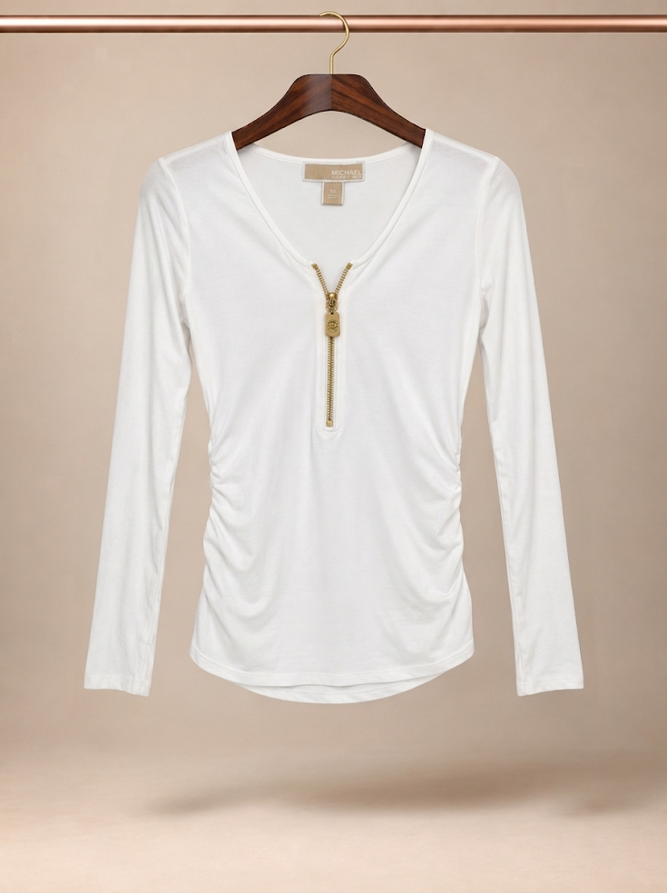 Michael Kors White Ruched Gold Zipper Long Sleeve Top - M