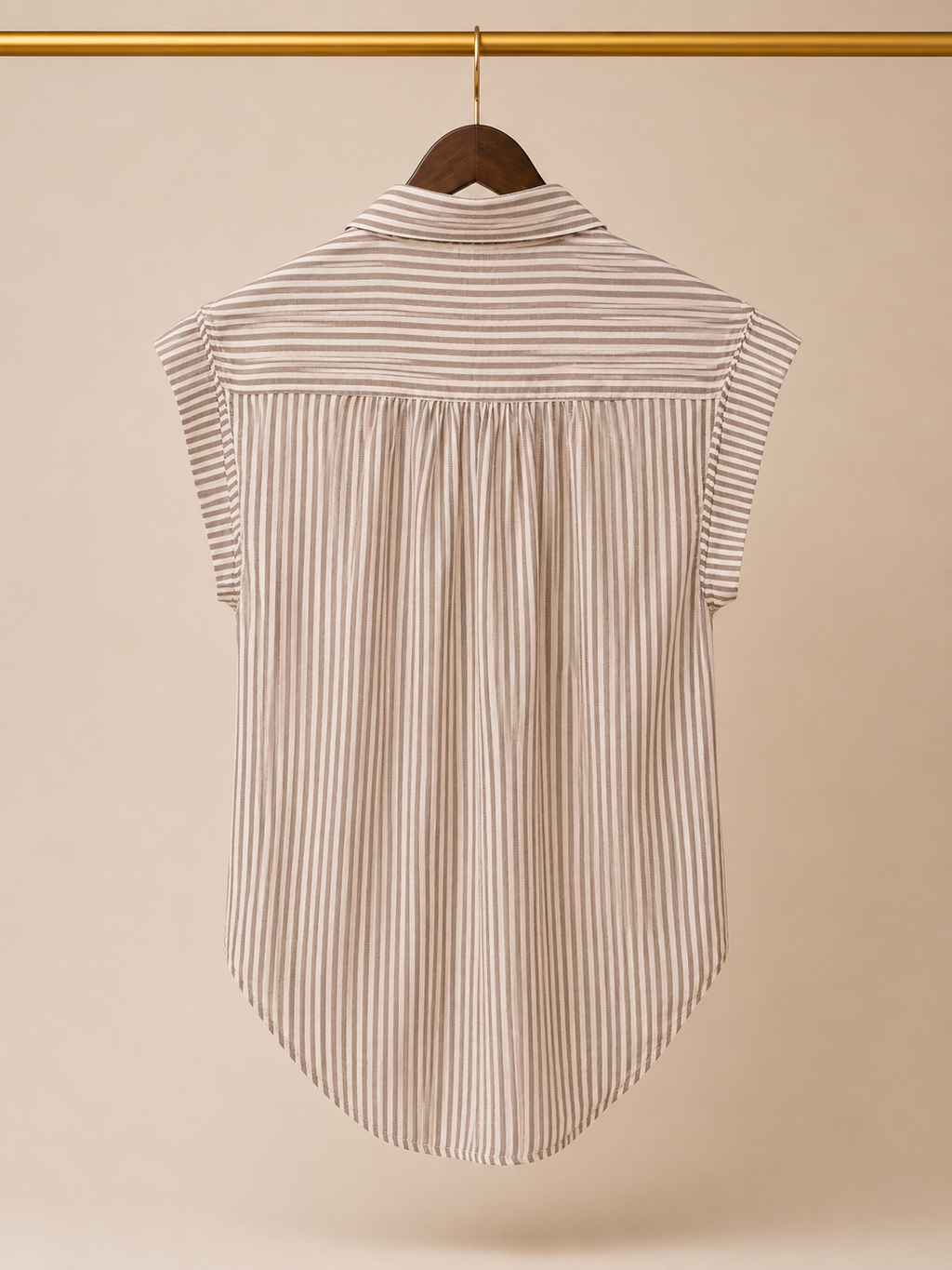 Japna Neutral Striped Cap Sleeve Button Down Blouse Top Cotton Rayon-XS