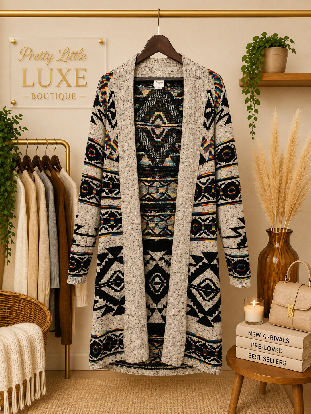Northern Angel Open-Front Southwestern Aztec Duster Cardigan - Marled Grey (Small)