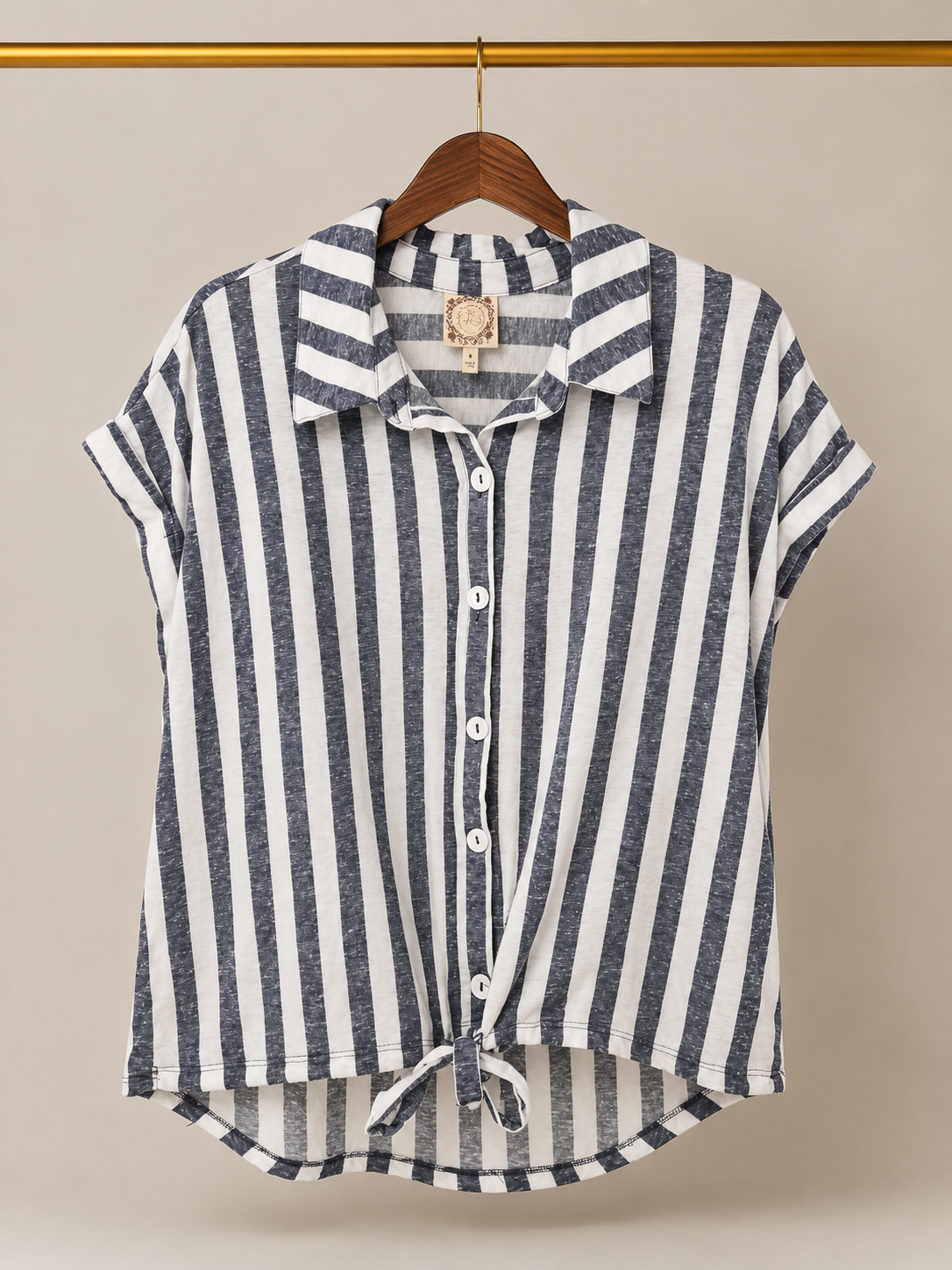 Sanctuary Striped Front Tie Button Down Shirt Short Sleeve Blouse Navy White- (M)