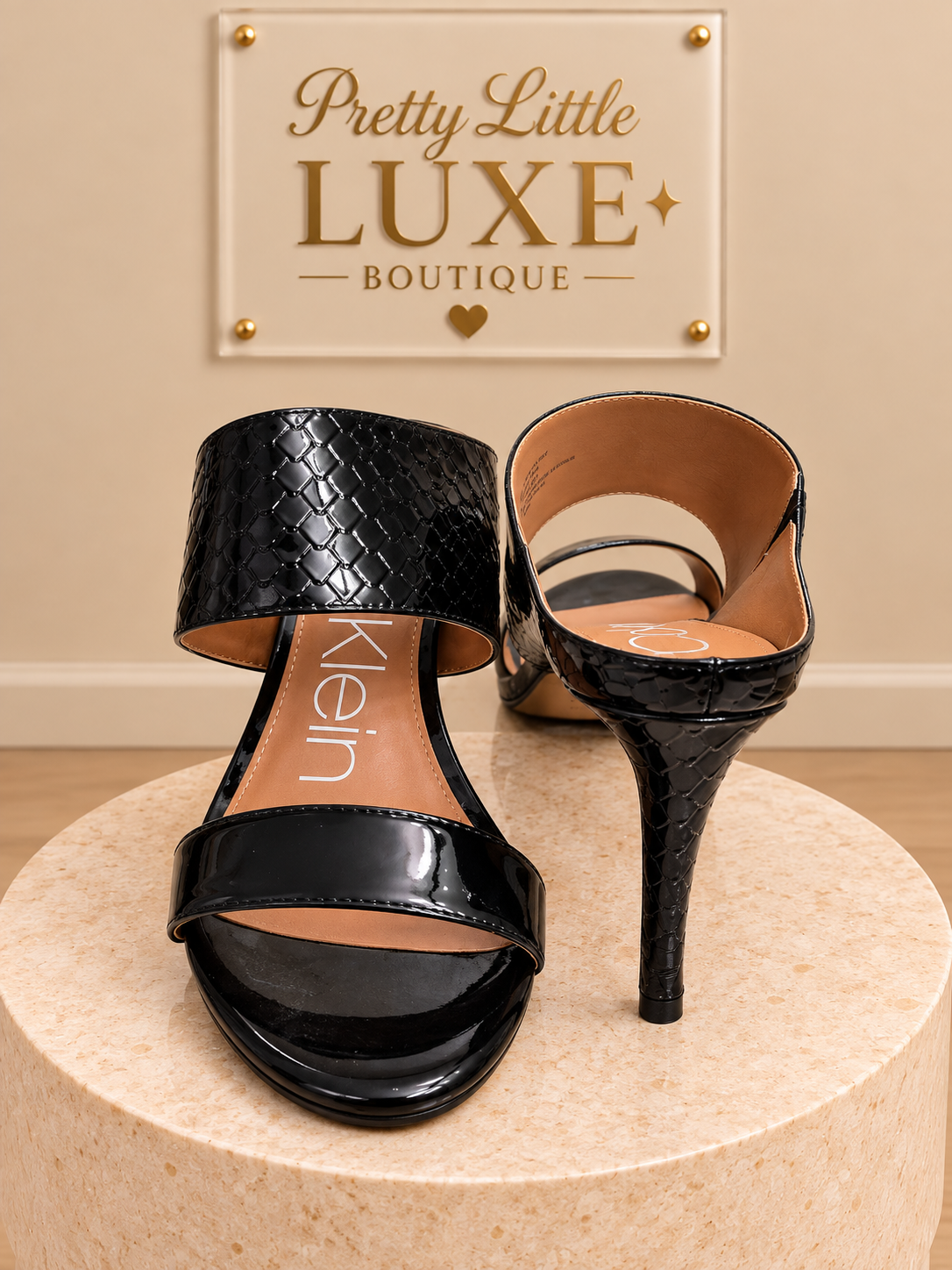 Calvin Klein Cecily Black Croc-Embossed Heeled Sandal Mules - 7