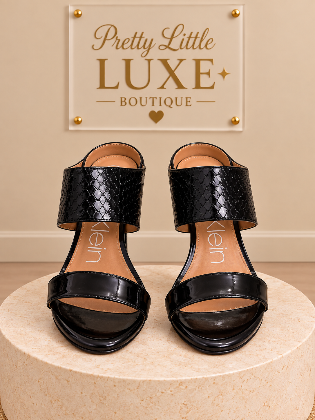 Calvin Klein Cecily Black Croc-Embossed Heeled Sandal Mules - 7