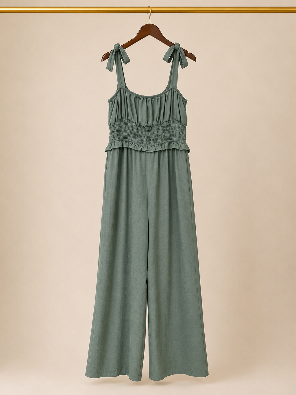 🔑Monteau Los Angeles Tie-Shoulder Smocked Wide-Leg Jumpsuit - Sage Green (Small)