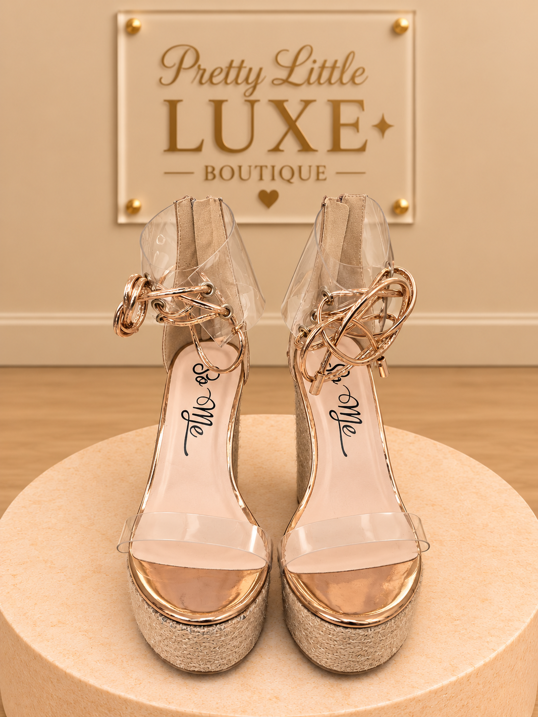 So Me Rose Gold Metallic Clear Strap Lace-Up Espadrille Platform Wedge Sandals size 7