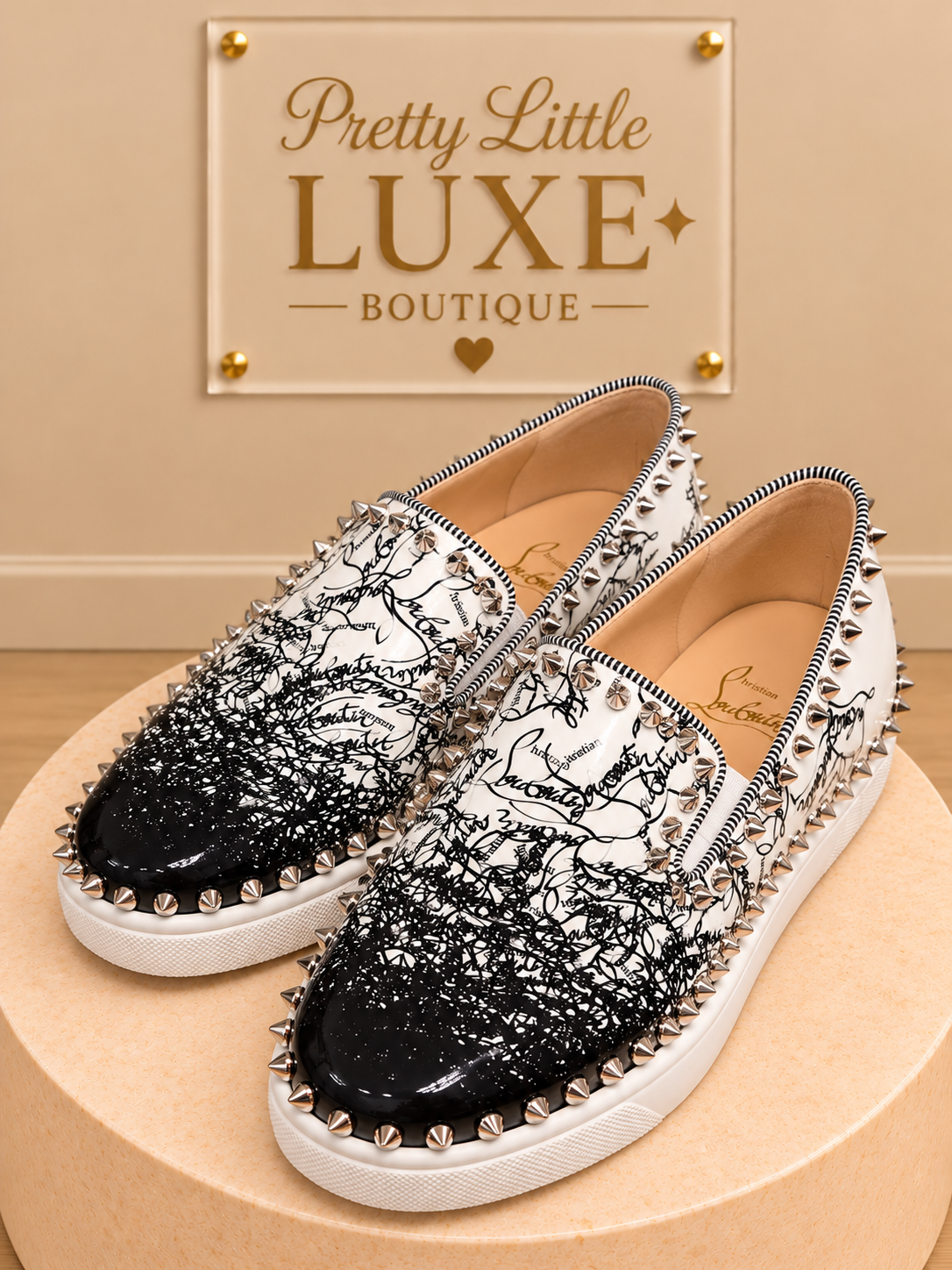 Christian Louboutin Pik Boat Degraloubi Graffiti Patent Spiked Slip-On Sneakers Women's Size 9.5 (Euro 39.5)