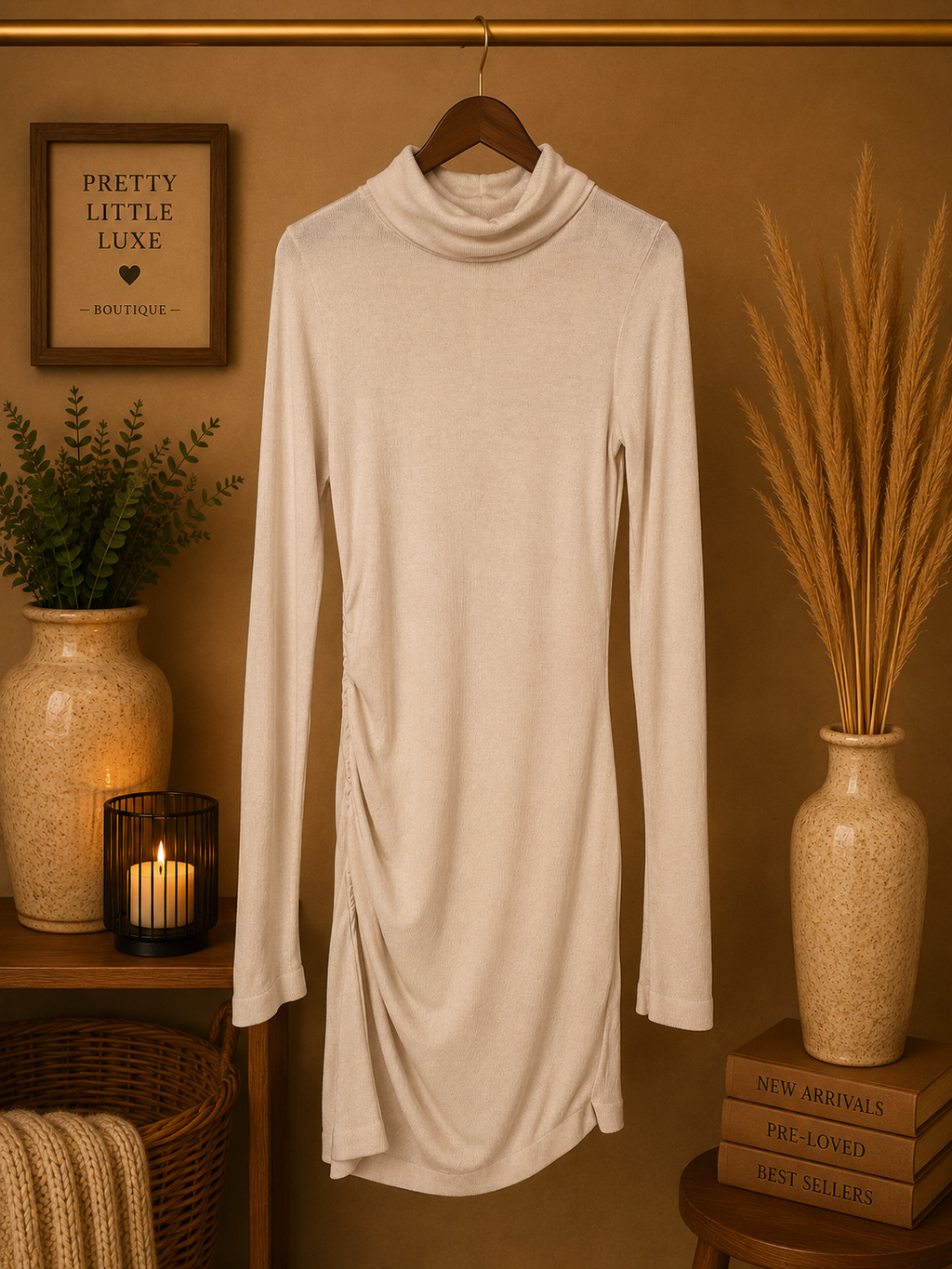 Venus Oatmeal Cream Ribbed Long Sleeve Ruched Mock Turtleneck Mini Dress XS