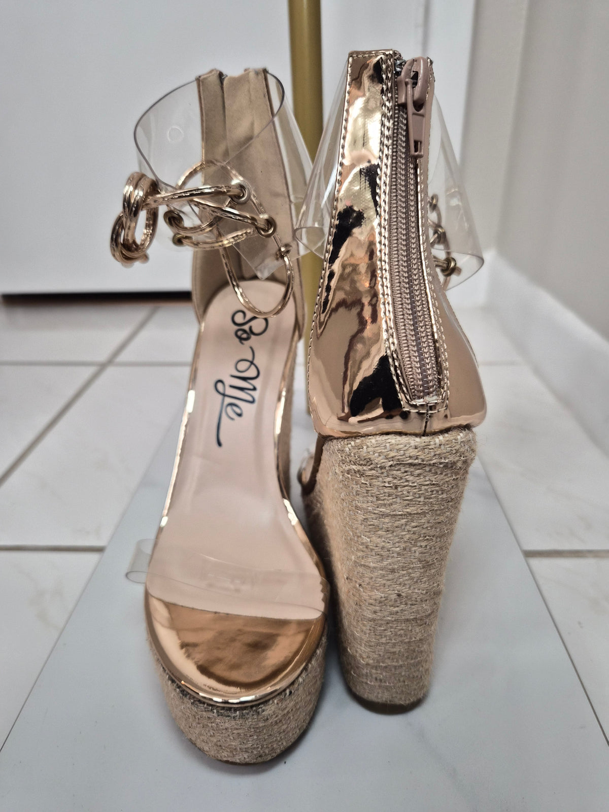 So Me Rose Gold Metallic Clear Strap Lace-Up Espadrille Platform Wedge Sandals size 7