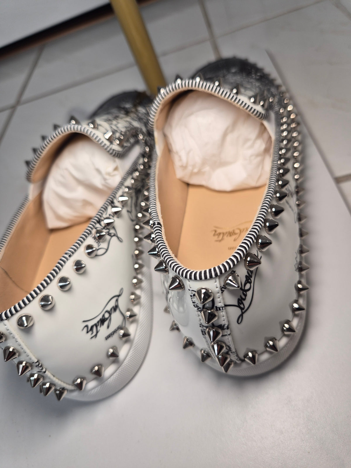 Christian Louboutin Pik Boat Degraloubi Graffiti Patent Spiked Slip-On Sneakers Women's Size 9.5 (Euro 39.5)