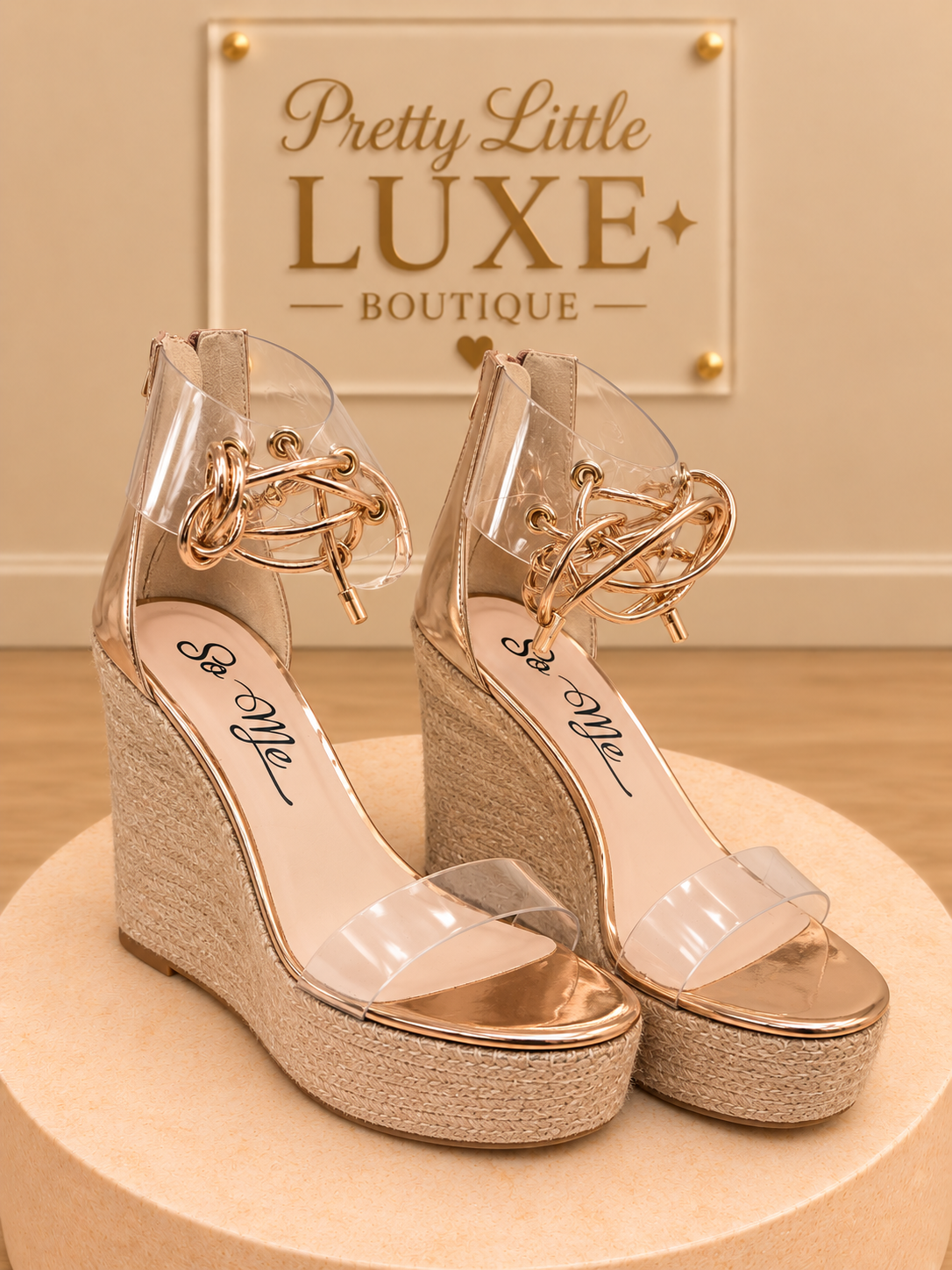 So Me Rose Gold Metallic Clear Strap Lace-Up Espadrille Platform Wedge Sandals size 7