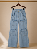 High-Rise Multi-Pocket Cargo Wide-Leg Utility Pants - Light Blue (XS)
